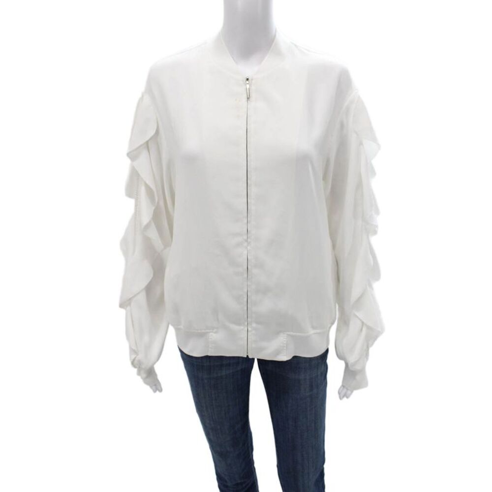 Goen. J Womens Bomber Jacket White V-Neck Zip Polyester Long Sleeve Size 4
